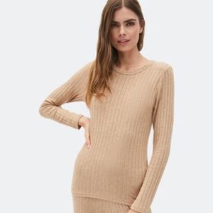 Michael Stars Ama Top Ribbed Long Sleeve Soft Brown Women's Beige OS